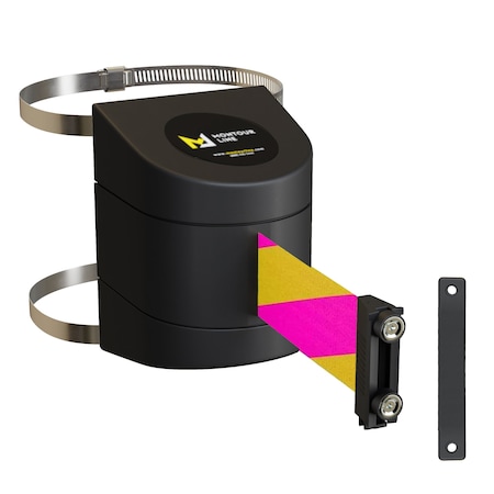 Montour Line Retractable Belt Barrier Black Clamped Mount, 30ft. Mag/Ye Belt (M) WMX160-BK-MYD-C-M-300